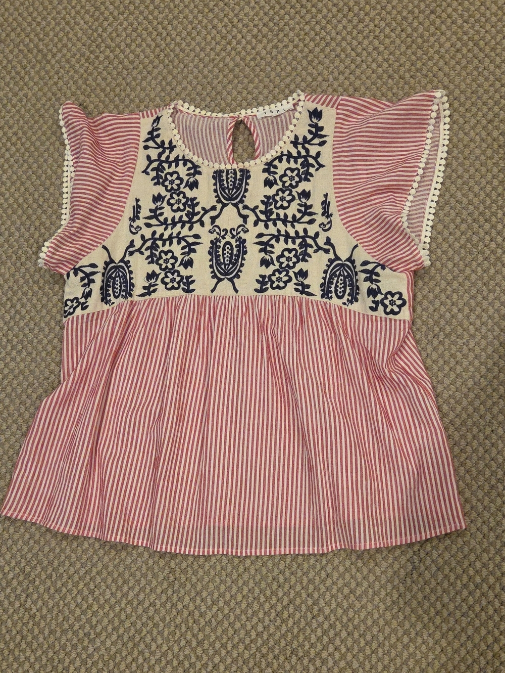 THML Red Striped Top with Navy Floral Embroidery Sz L